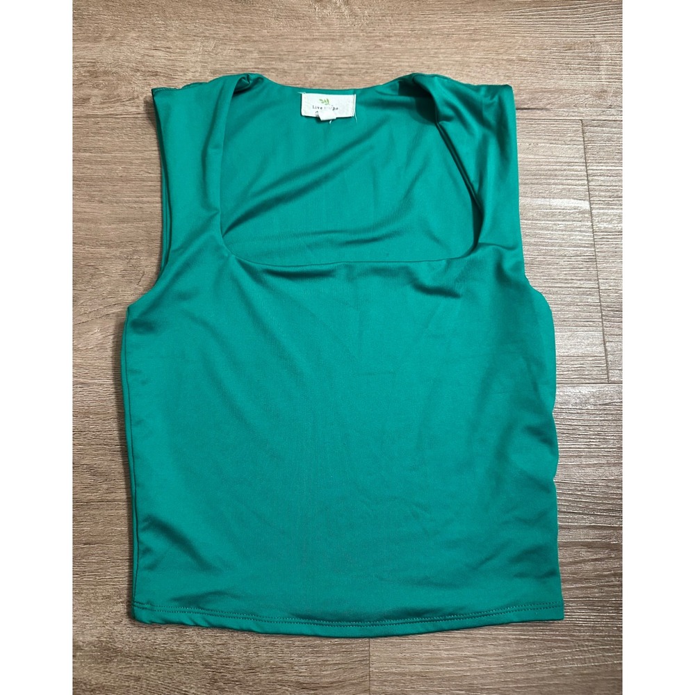 Live In The Moment Green Square Neck Sleeveless Crop Top Tank Small